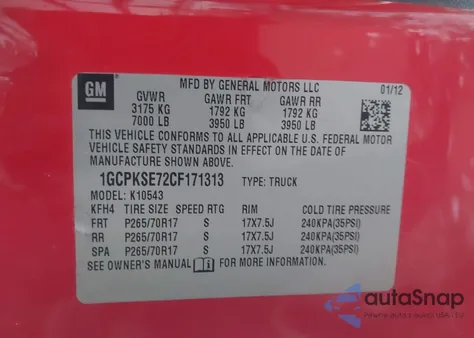 2012 Chevrolet Silverado 1500 Lt z USA, uszkodzony, nr VIN 1GCPKSE72CF171313